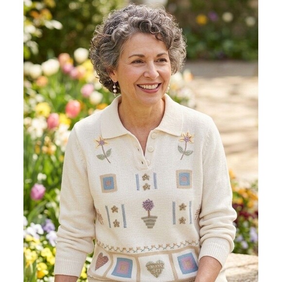 Alfred Dunner Sweaters - Alfred Dunner Petite PM Sweater Vintage Embroidered Floral Beaded White Cotton